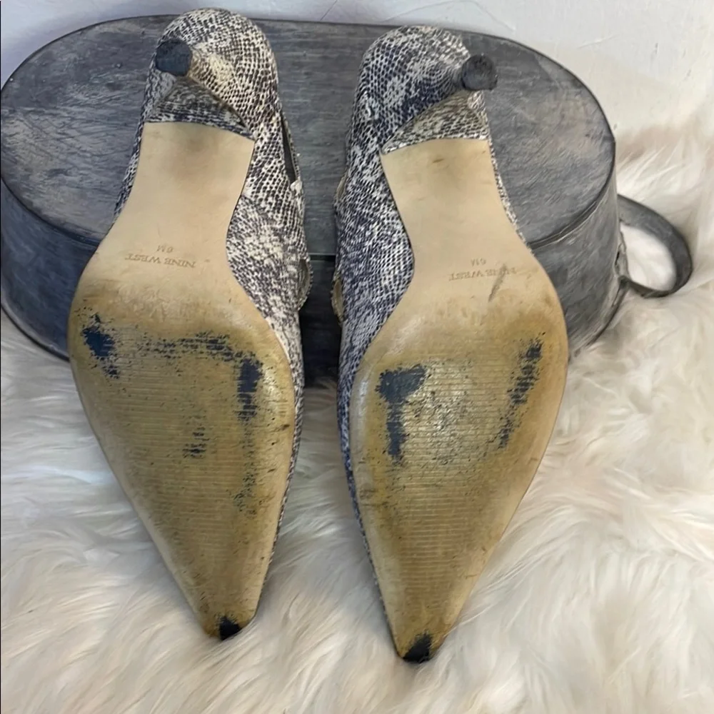#0177 Nine West Cream &  Gray Snakeskin Heels w/ Open Side & Mary Jane Strap-6 - Picture 11 of 12